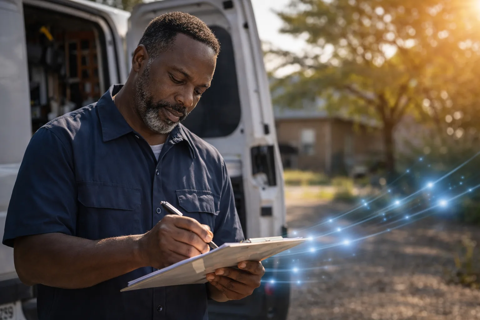 Business owner reviewing a structured work plan on site.